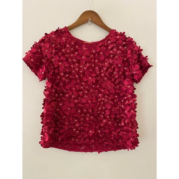Anthropologie Varun Bahl Cranberry Red Floral Appliqué 3D Blouse Top EUC 0 India - Picture 1 of 8